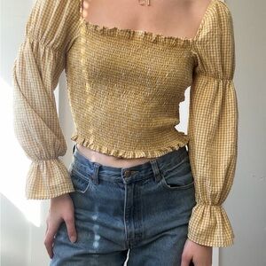 Urban Outfitters Yellow Gingham Smocked Blouse